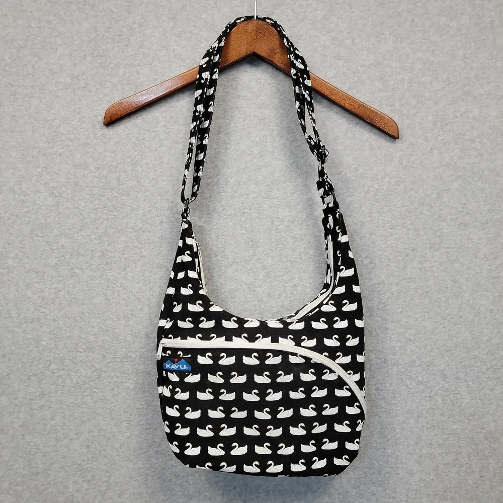 KAVU Satchel Crossbody Bag Shoulder Purse Black & White Swan Pattern Canvas